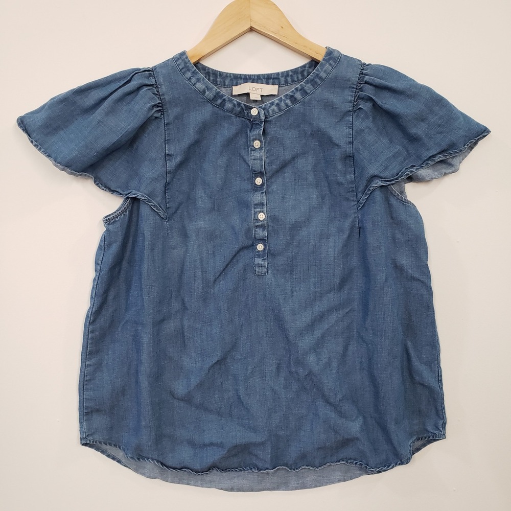Loft Womens Blue Chambray Flutter Sleeve Linen Blend Henley Blouse Large Coastal